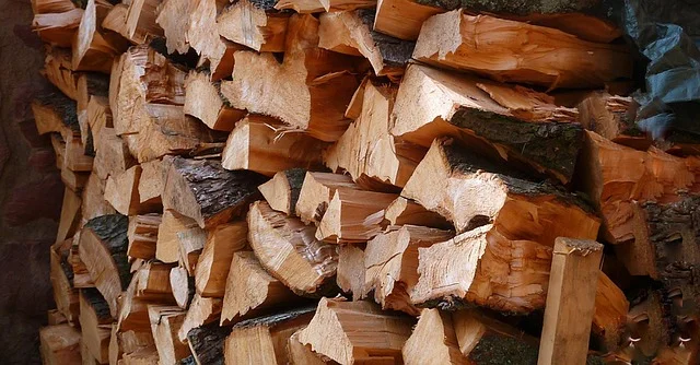 Ułożone polana drewna opałowego w składzie — lato 2026